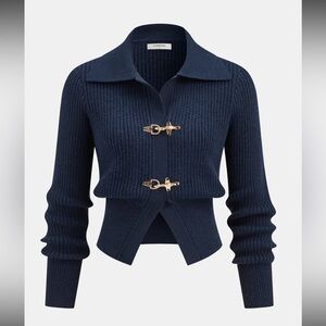 Commense Collared Gold Buckle Hardware Ribbed Cropped Sweater- Navy - Size M